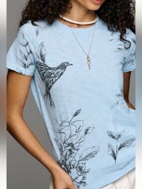 Anthropologie Light Blue Short Sleeve Tee with Bird Print
